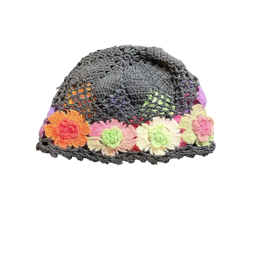 Black crochet skull cap beanie open weave multicolor flowers one size rainbow